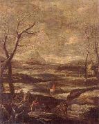 A winter landscape with woodcutters and travellers